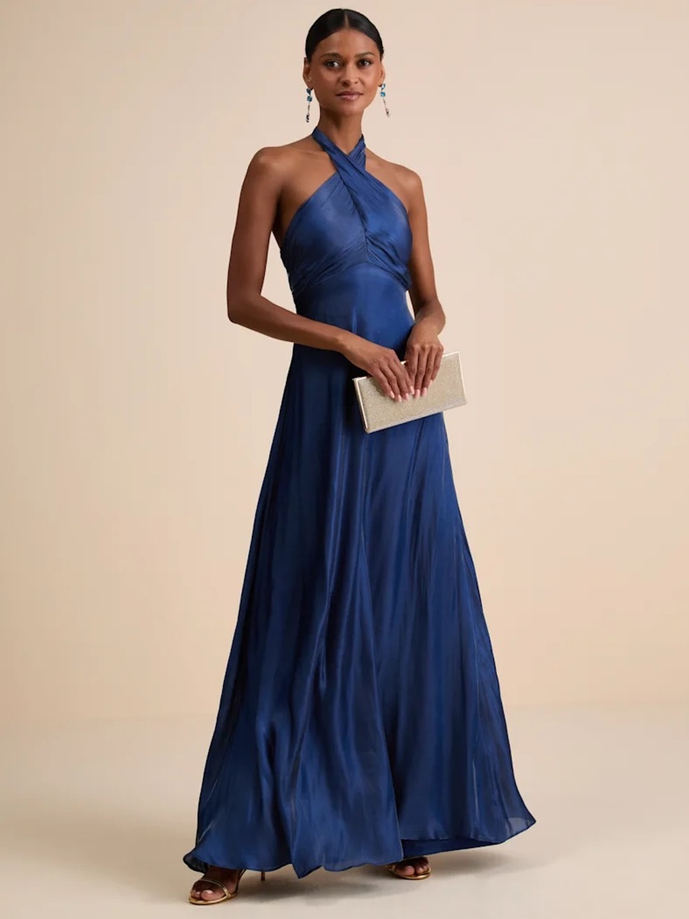 Lulus Blue Satin Cross-Front Halter Maxi Dress
